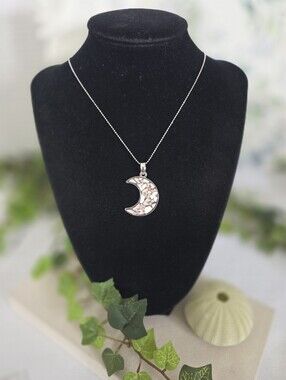 Rhodium Plated Pastel Mosaic Crescent Moon Pendant Necklace Made In Korea